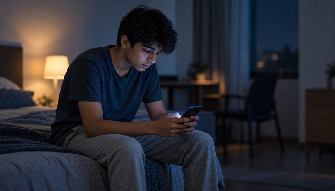 Teenager sitting on his bed at night, absorbed in his phone